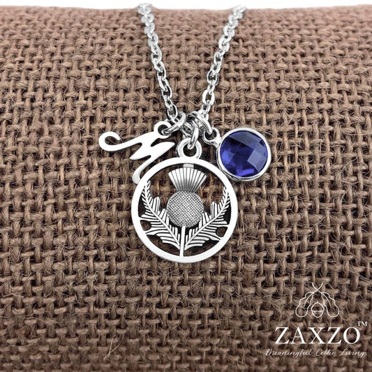 Scottish Thistle Necklace with Birthstone and Initial.