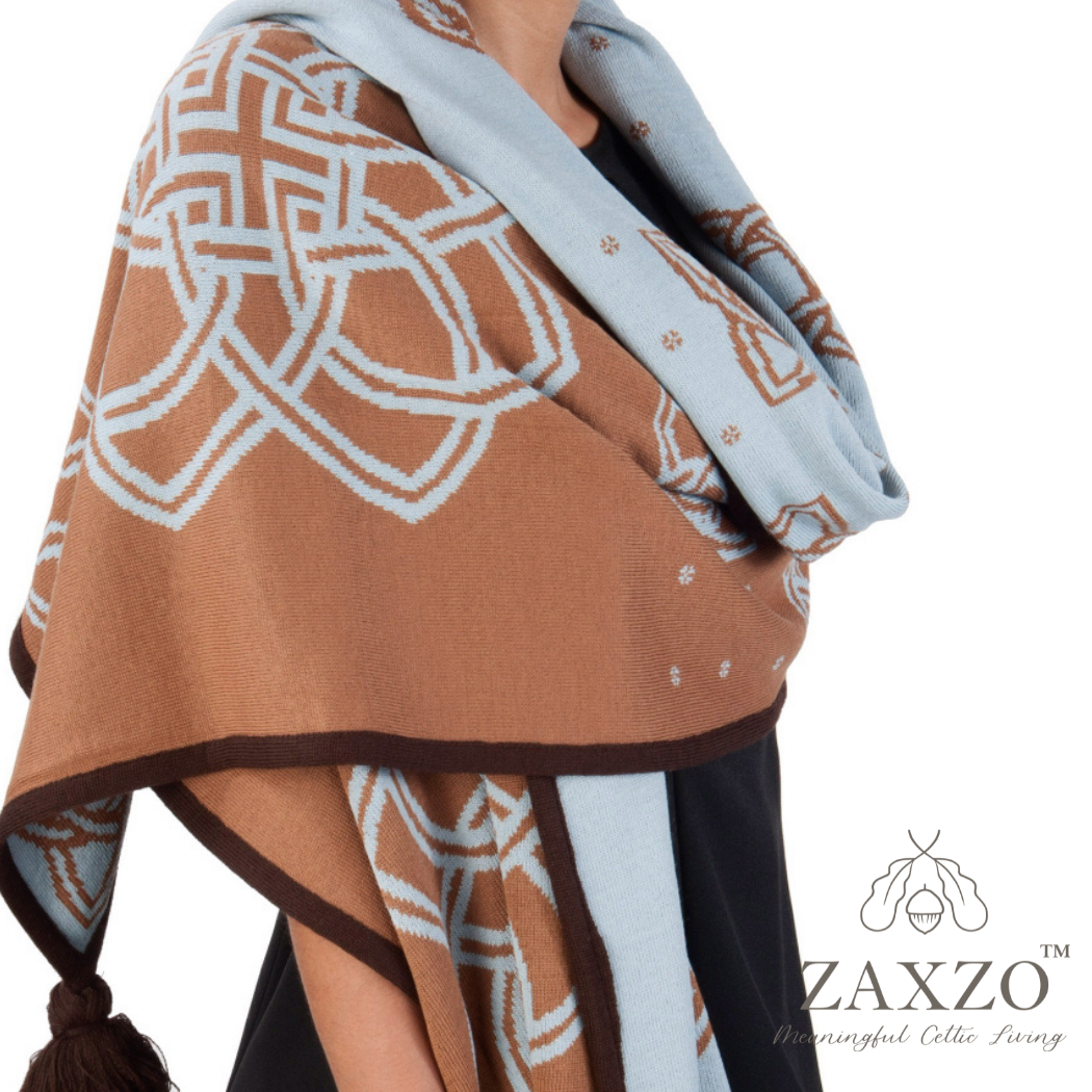 Camel Flower Rectangular Shawl/Wrap with Powder Blue and Brown Accents. Merino Wool Blend.