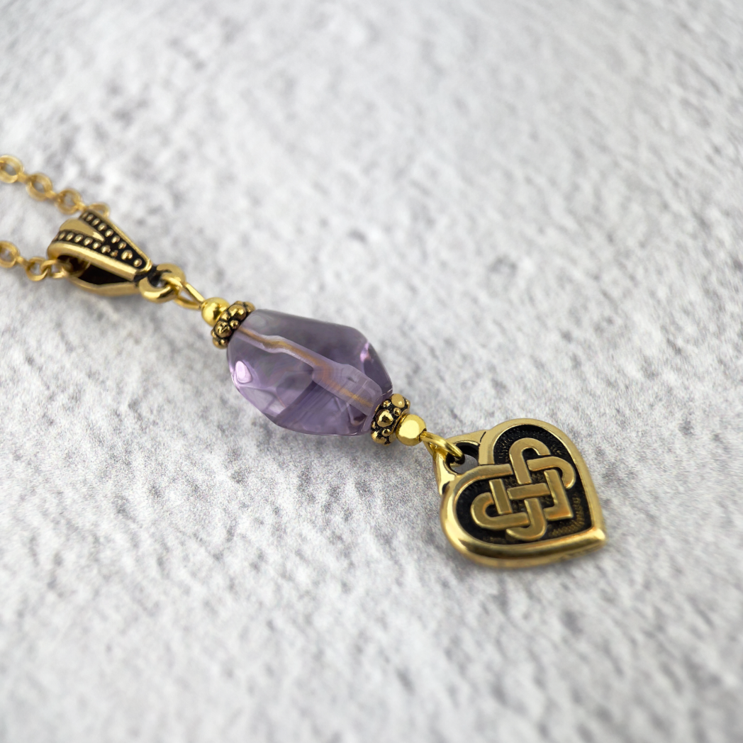 Gold Celtic Necklace with Organically Cut Lavender Amethyst Stone and Everlasting Love Charm.