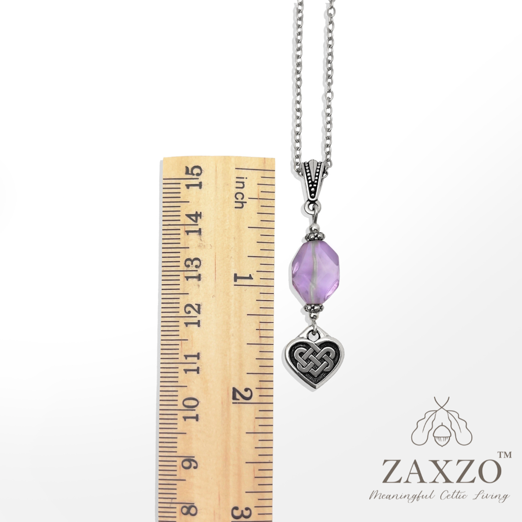 Silver Celtic Necklace with Organically Cut Lavender Amethyst Stone and Everlasting Love Charm.