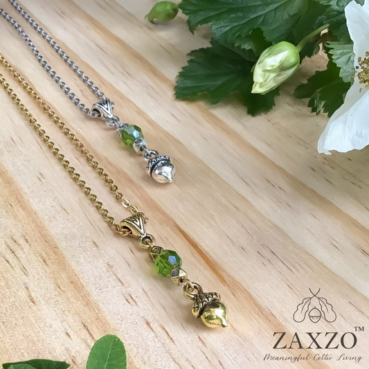 Dainty Acorn Charm Necklace with Faceted Czech Bead.
