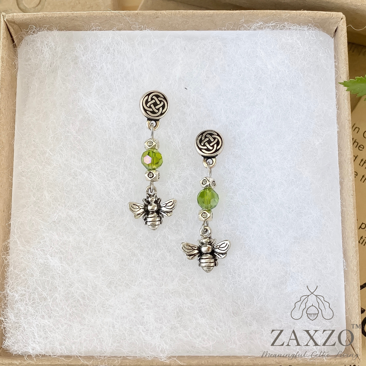 Highland Jewelry Green Czech Beads. Dainty Scottish Bee Earrings.