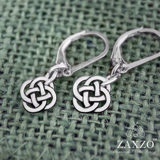 Tiny silver Dara knot on sterling silver lever back ear wire.