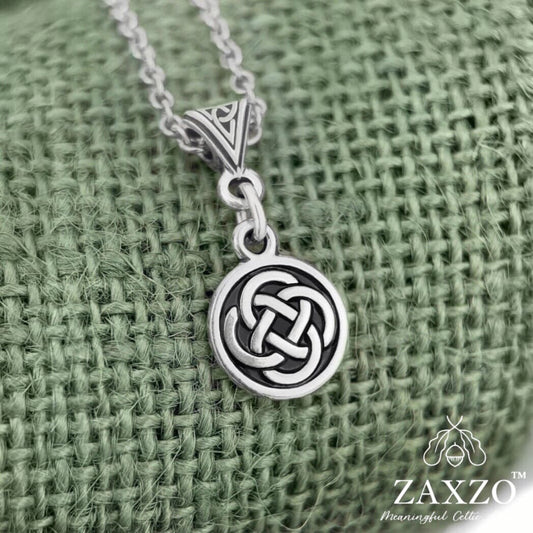 Small Silver Irish Dara Knot Charm Necklace. Cable Link Chain and Jewelry Gift Box included.