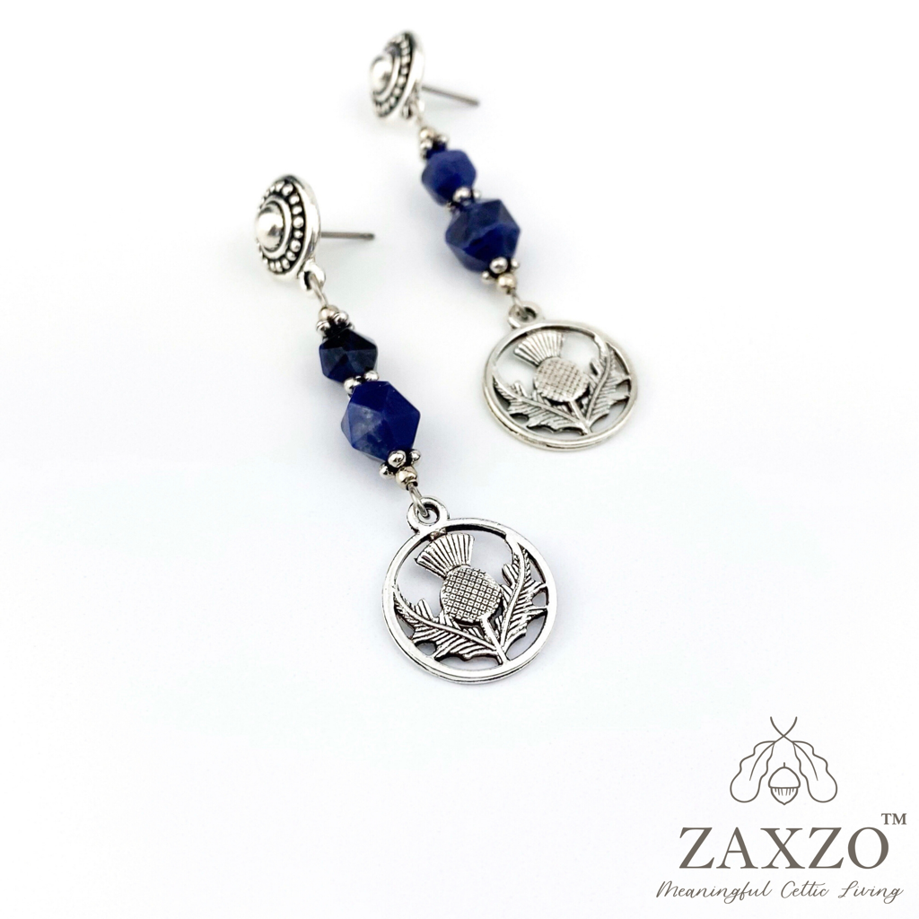 Scottish Thistle Charm Earrings with Faceted Sodalite Beads. Hypoallergenic Posts.