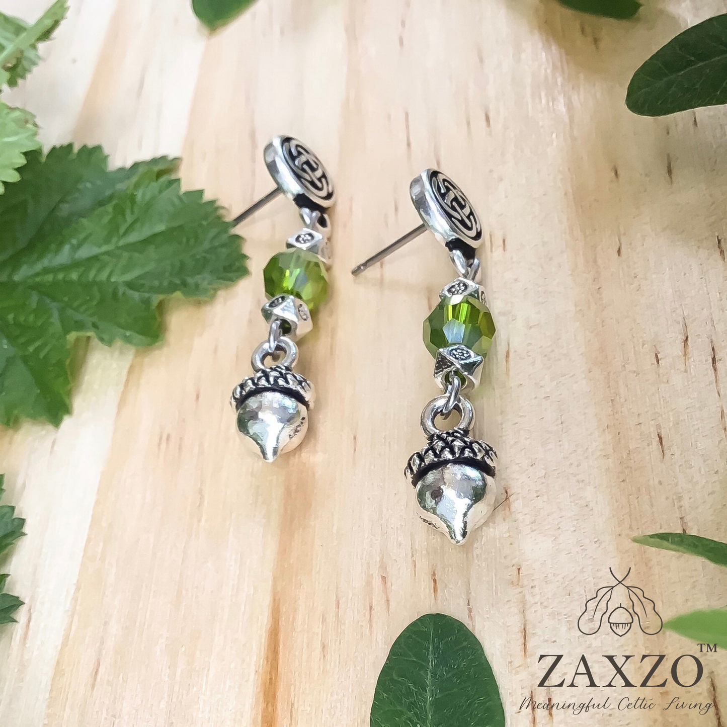 Dainty Acorn Charm Earrings with Green Faceted Czech Beads. Gift Box Included.