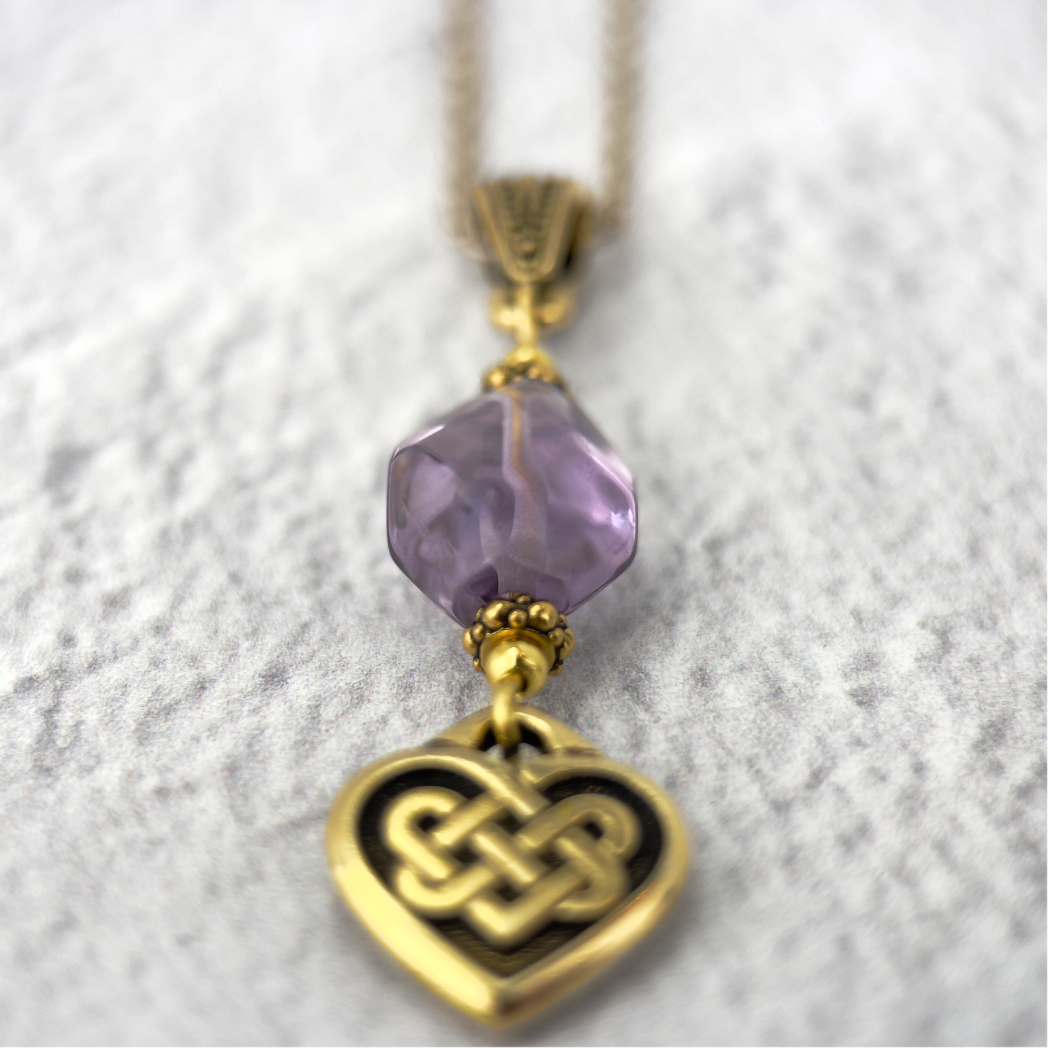 Gold Celtic Necklace with Organically Cut Lavender Amethyst Stone and Everlasting Love Charm.