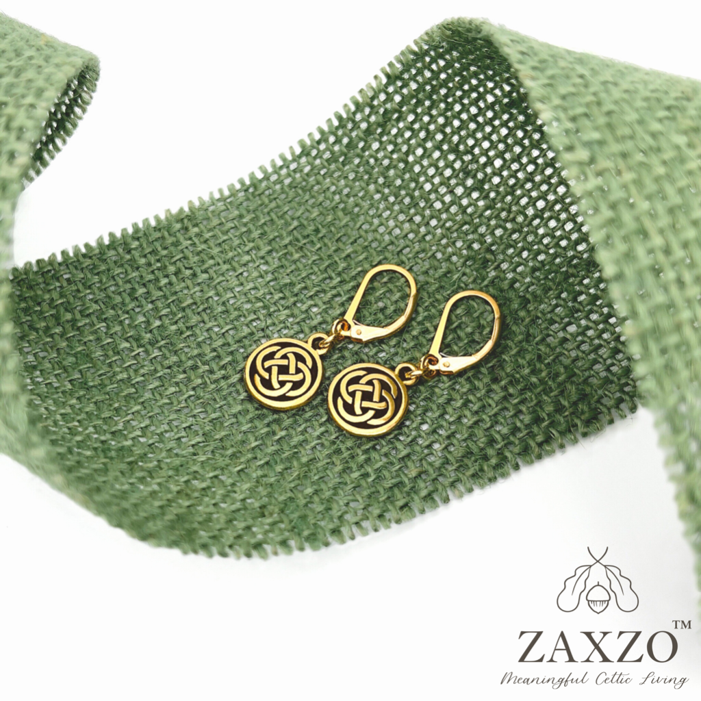 Small Irish Gold Dara Knot Lever Back Earrings. Celtic Eternity Knot Jewelry. Jewelry Gift Box Included.