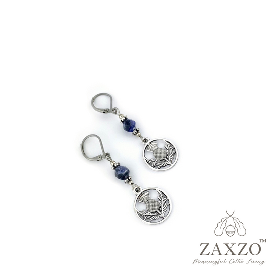 Thistle Charm Lever Back Earrings with Faceted Sodalite Stone.