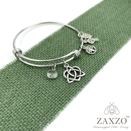Sister Knot Bangle with Side Charms and Birthstone Option.