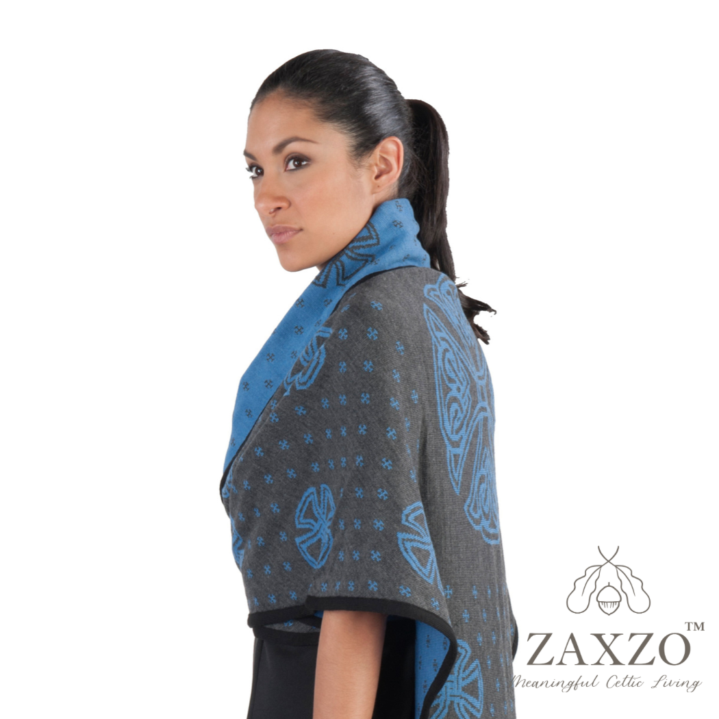 Charcoal Cross Triangular Shawl/Wrap with Blue and Light Gray Accents. Merino Wool Blend.