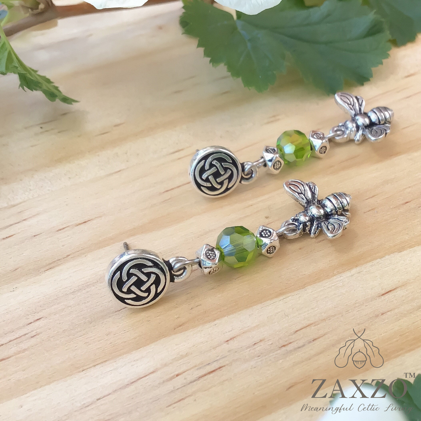 Highland Jewelry Green Czech Beads. Dainty Scottish Bee Earrings.