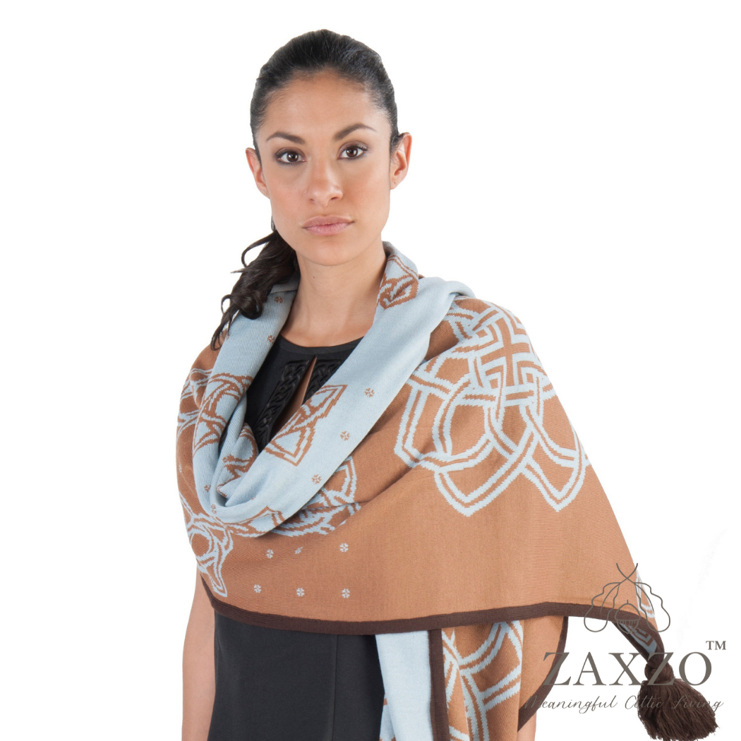 Camel Flower Rectangular Shawl/Wrap with Powder Blue and Brown Accents. Merino Wool Blend.