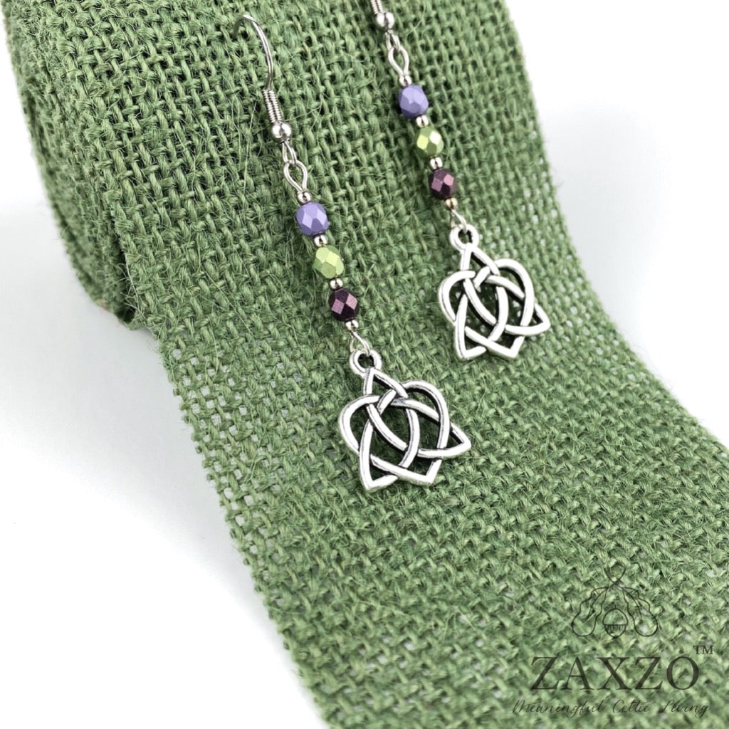Celtic Sister Knot Earrings with Purple Czech Beads.