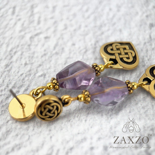 Gold Celtic Earrings with Organically Cut Lavender Amethyst Stone and Everlasting Love Charm.