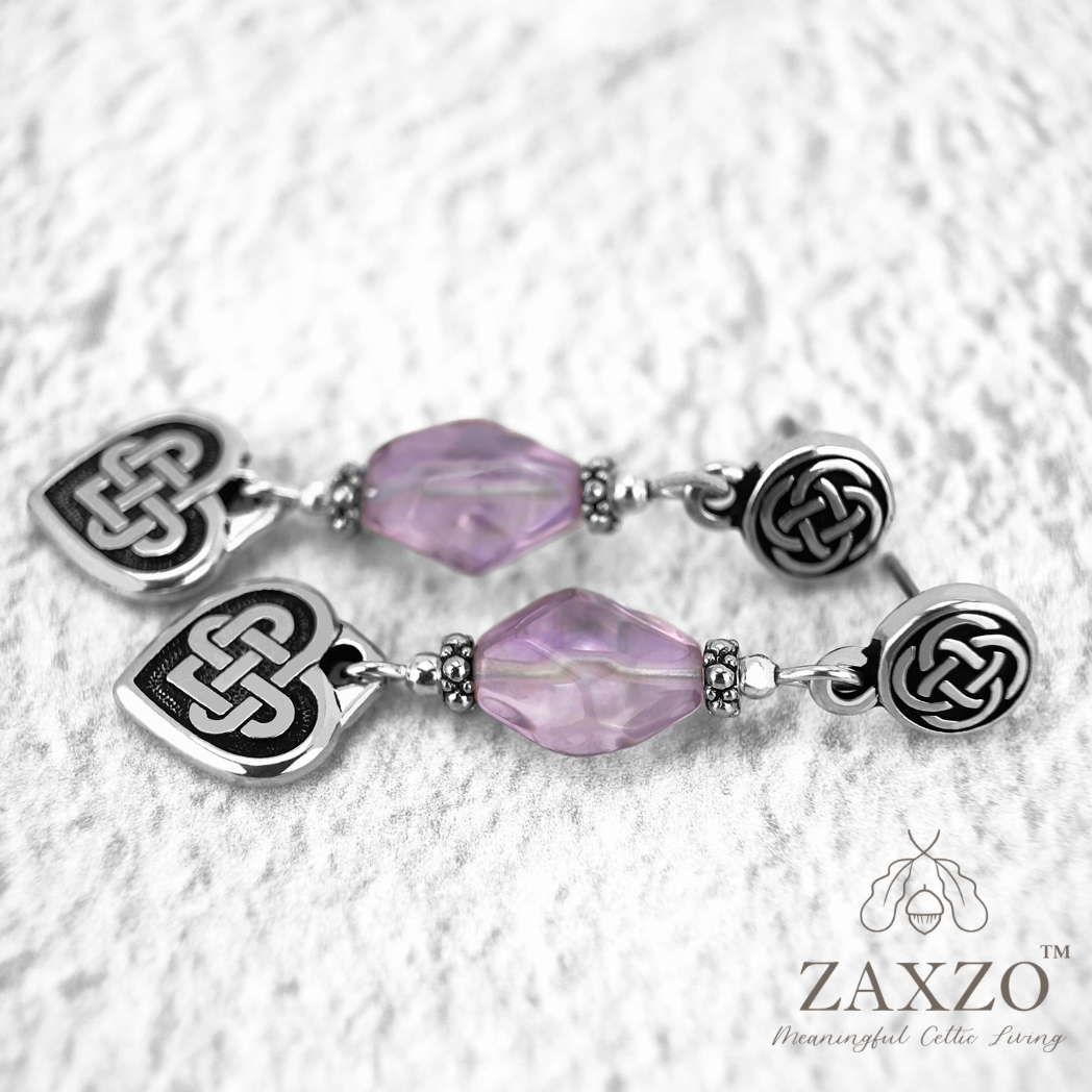 Silver Celtic Earrings with Organically Cut Lavender Amethyst Stone and Everlasting Love Charm.