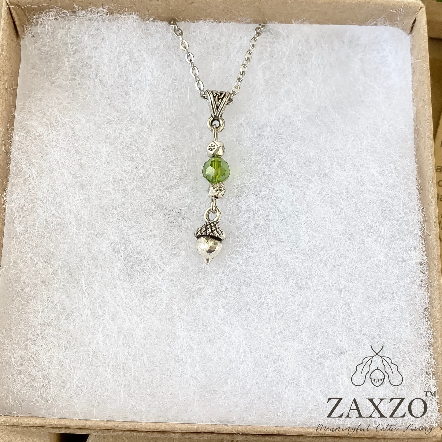 Dainty Acorn Charm Necklace with Faceted Czech Bead.