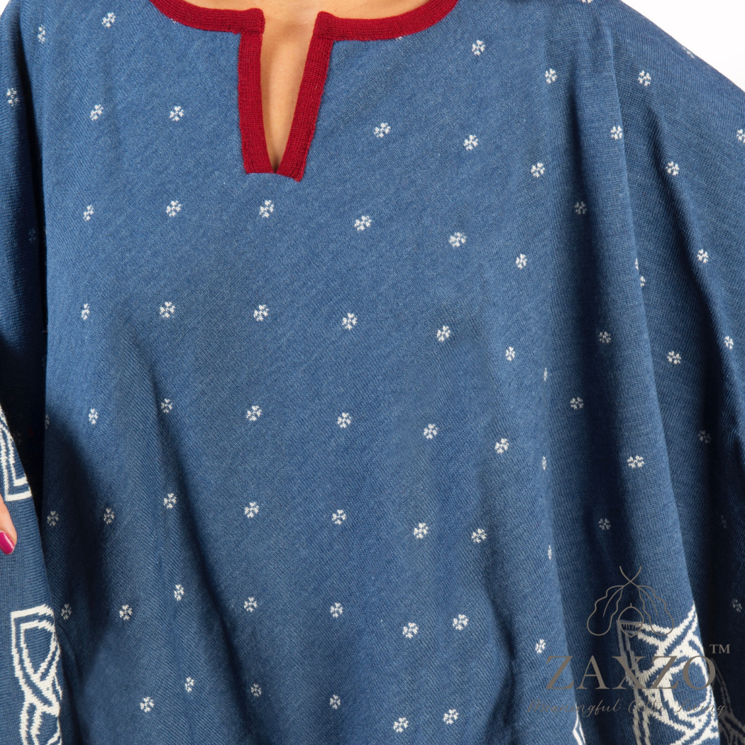 Denim Blue Poncho with Red and Winter White Accent. Merino Wool Blend.