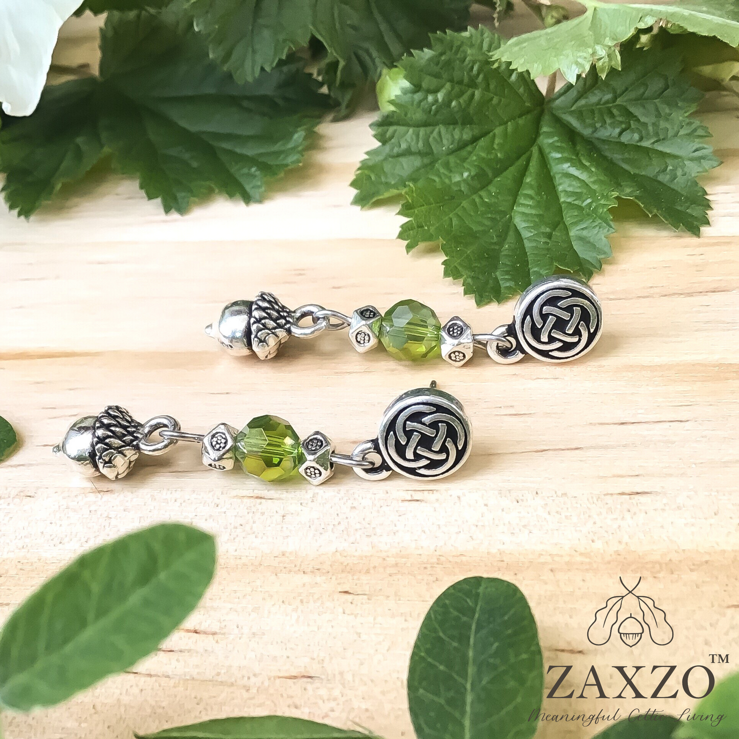 Dainty Acorn Charm Earrings with Green Faceted Czech Beads. Gift Box Included.