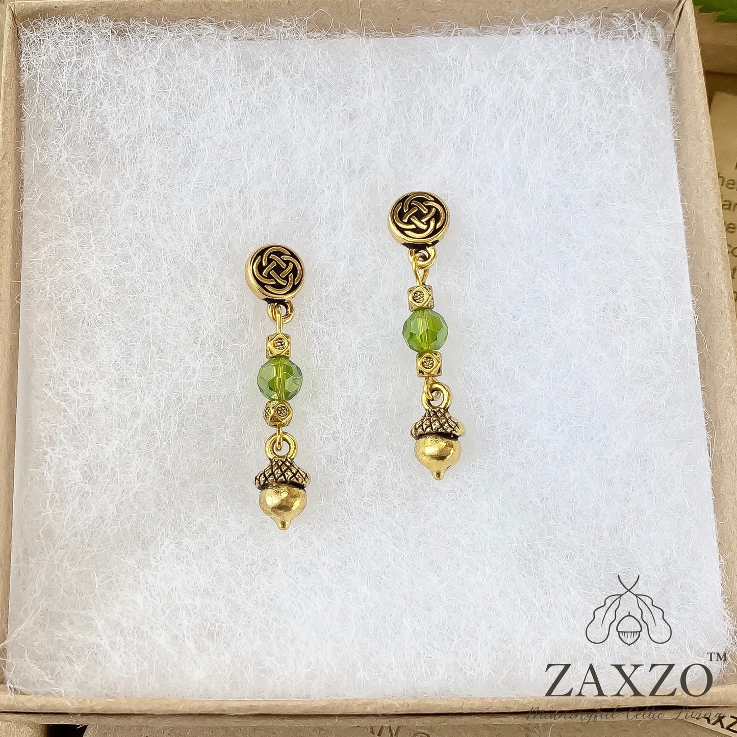 Dainty Acorn Charm Earrings with Faceted Czech Beads. Gift Box Included.