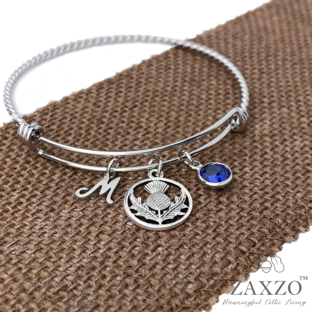 Silver Bangle with Scottish Thistle, Monogram and Birthstone Charms. Highland Bracelet Gift.