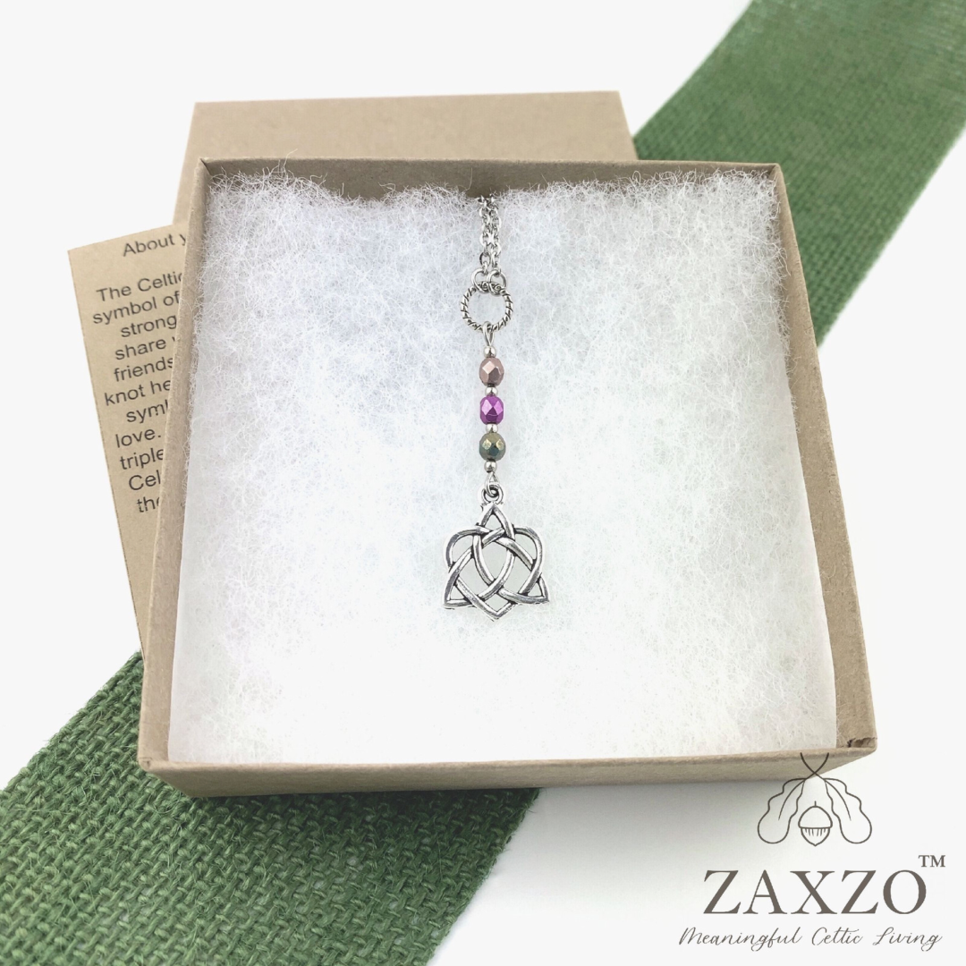 Celtic Sister Knot Necklace with Pink Mix Fire Polished Czech Beads.
