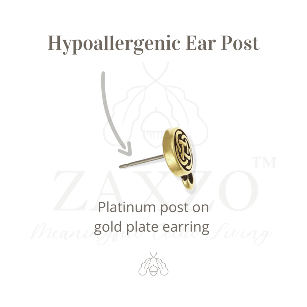 Gold celtic sister knot post earrings with platinum post ear pin.