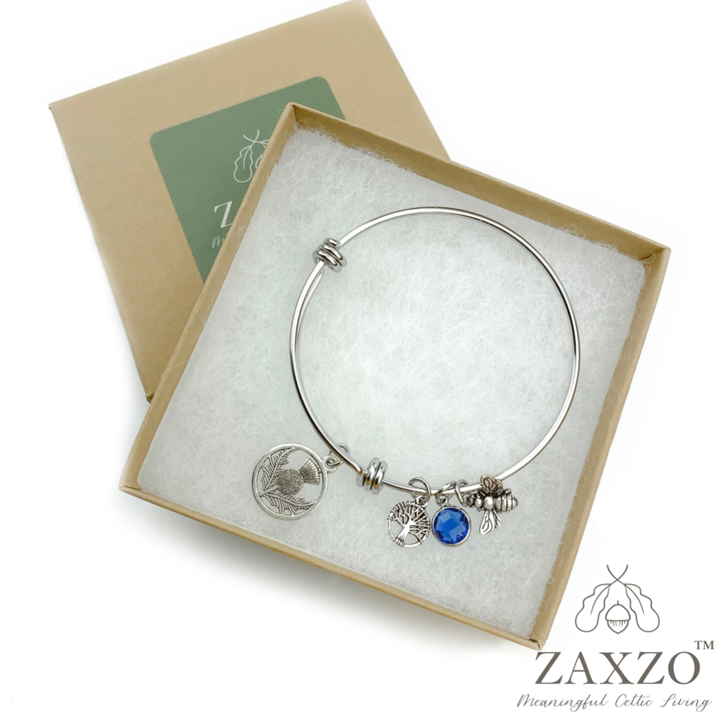 Silver Bangle with Scottish Thistle, Monogram and Birthstone Charms. Highland Bracelet Gift.