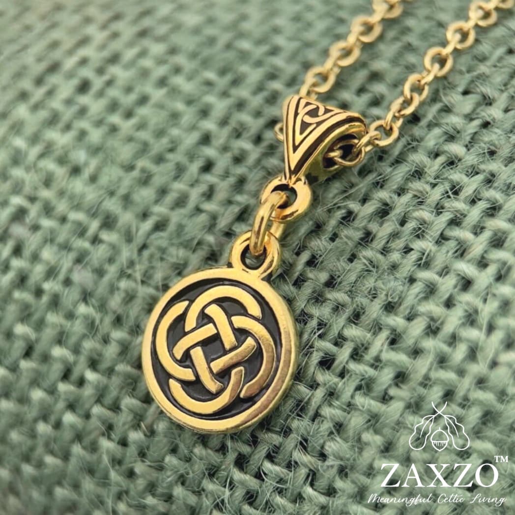 Small Gold Irish Dara Knot Charm Necklace. Cable Link Chain and Jewelry Gift Box included.
