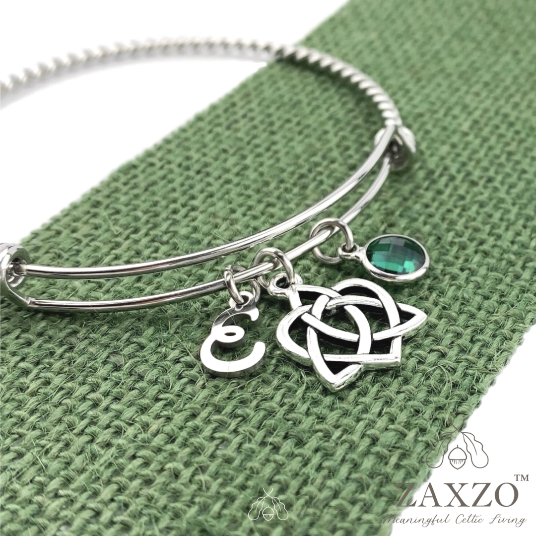 Celtic Silver Sister Knot Bangle w Birthstone and Monogram.